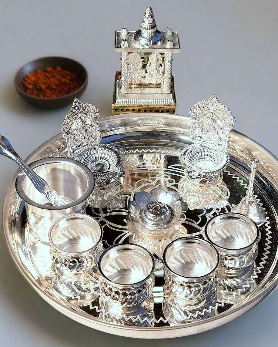 German Silver Combo Pooja thali Set with Lakshmi Ganesh Temple